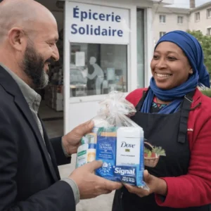 Mère famille recevant produits hygiène bénévole épicerie solidaire Gagny