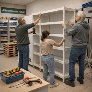 Bénévoles installant nouvelles étagères amélioration épicerie solidaire Gagny