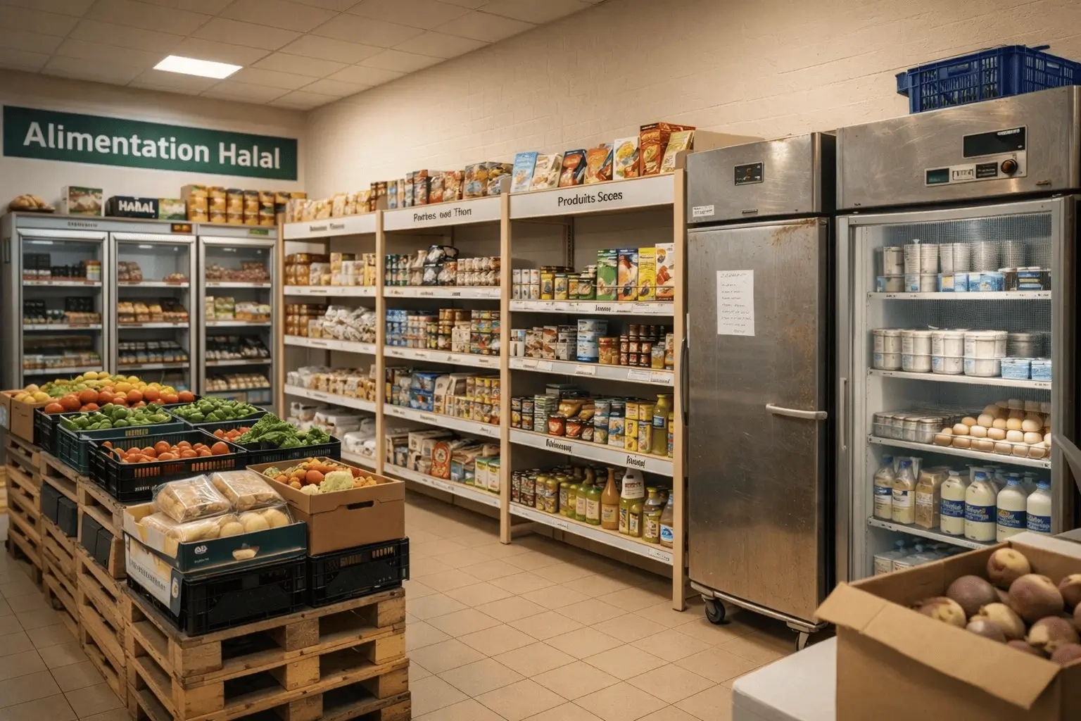 Intérieur local épicerie solidaire Gagny rayonnages réfrigérateurs équipements conservation produits alimentaires