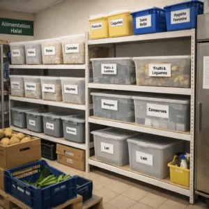 Espace stockage organisé bacs rangement épicerie solidaire Gagny