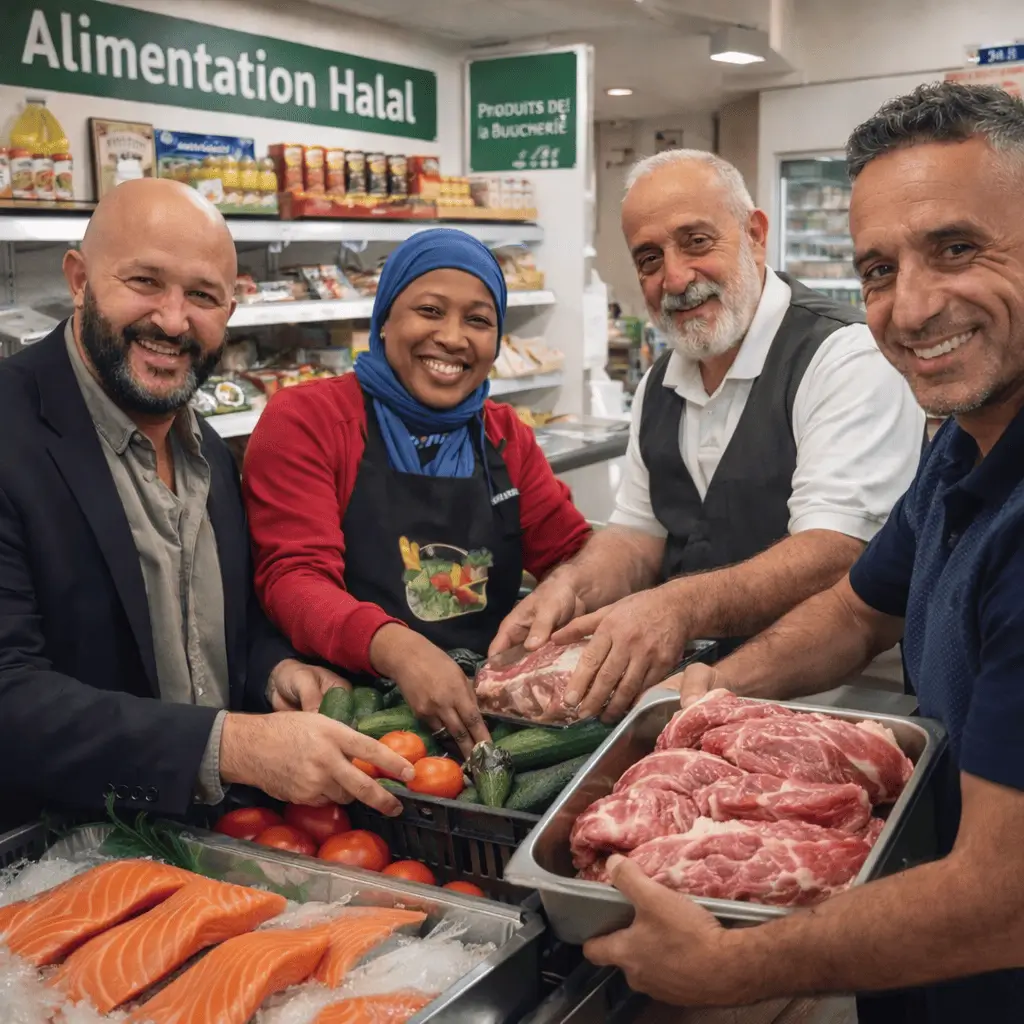 Bénévoles souriant organisant produits frais épicerie solidaire halal Gagny Seine-Saint-Denis