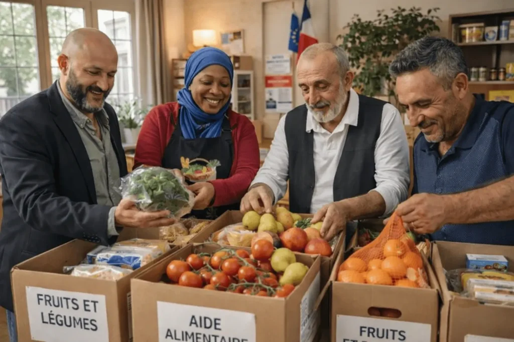 Équipe bénévole préparant paniers alimentaires épicerie solidaire Gagny 93