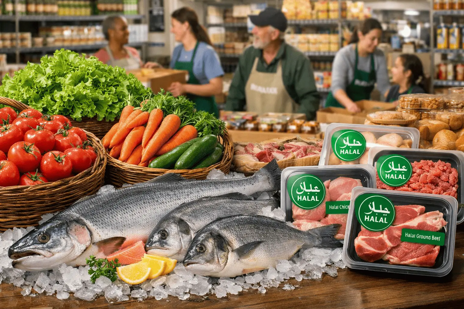 Abondance de produits frais à l'épicerie solidaire Un Panier Pour Tous : saumon, viande halal, fruits et légumes à Gagny 93