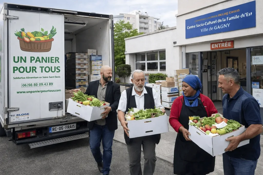 Camion frigorifique déchargement denrées fraîches épicerie solidaire Gagny