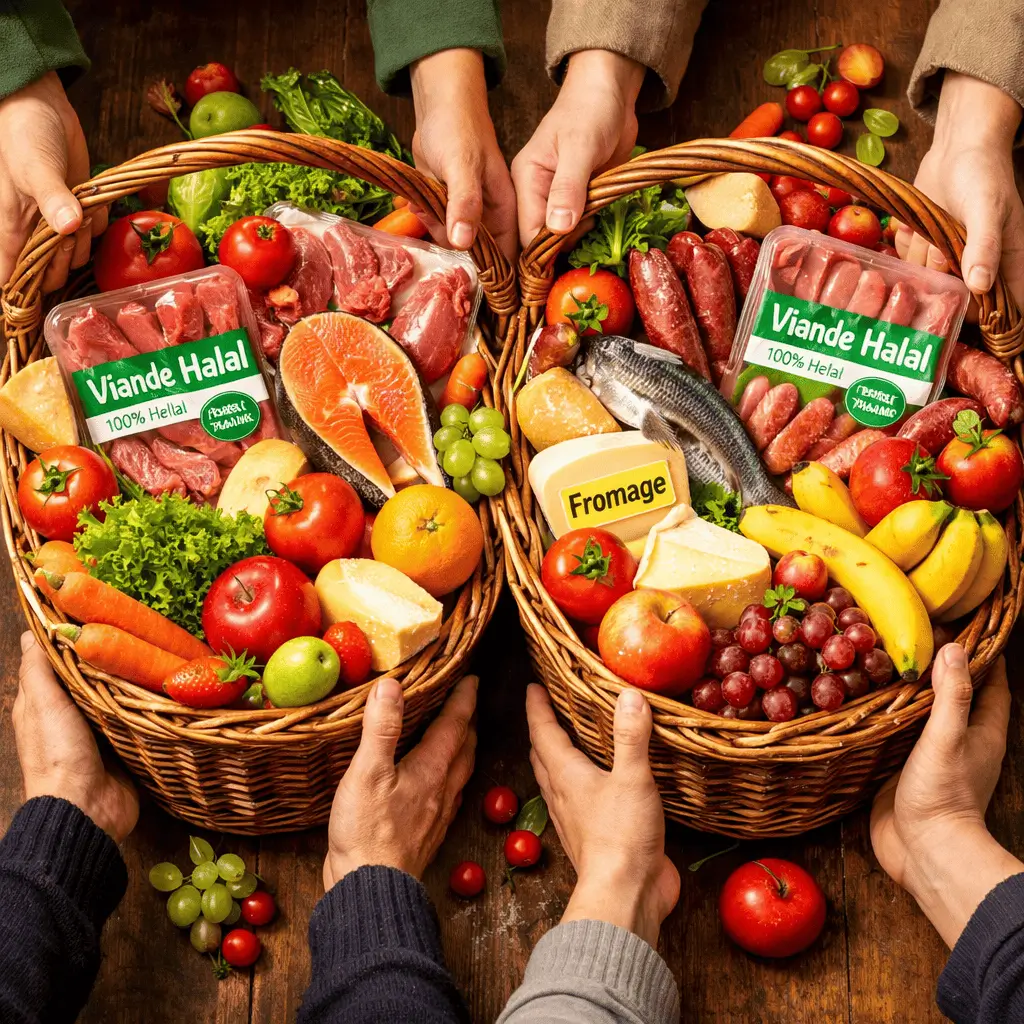Deux grands paniers débordant fruits légumes viande halal poisson fromage épicerie solidaire Gagny