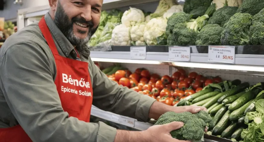 Bénévole recharge rayons produits frais quotidien épicerie solidaire Gagny