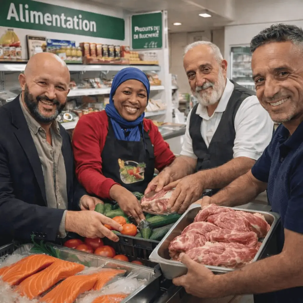 Bénévoles souriant organisant produits frais épicerie solidaire Gagny Seine-Saint-Denis