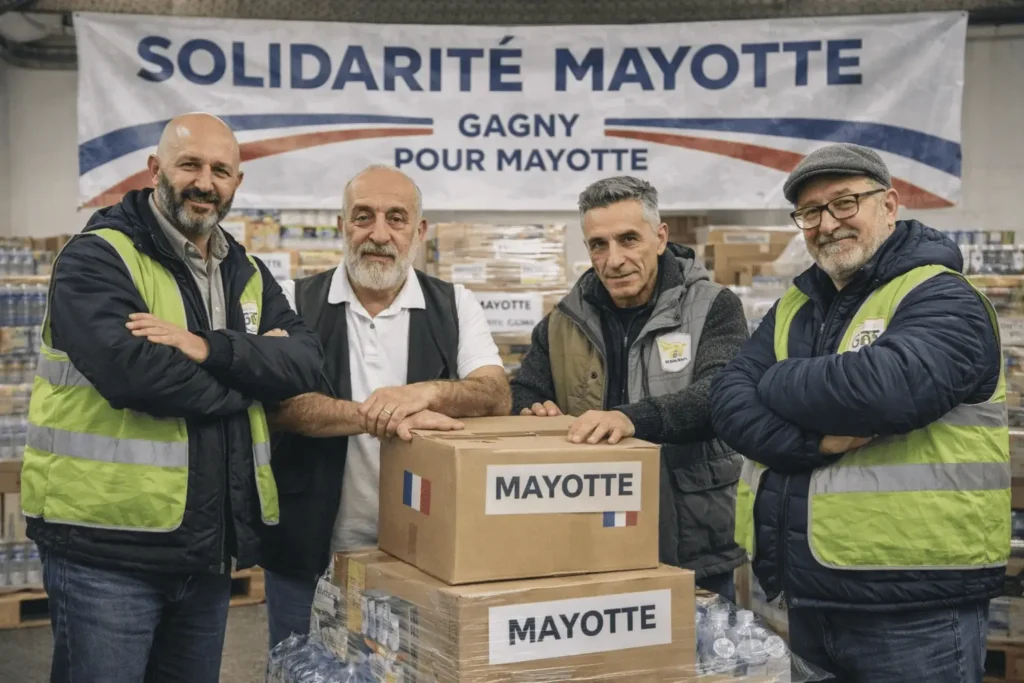 Bénévoles Un Panier Pour Tous devant palettes de dons pour Mayotte après cyclone Chido décembre 2024 Gagny